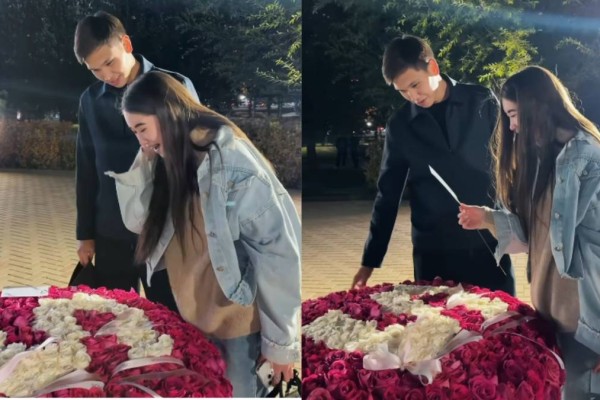 Шерхан Қалмырза өзінен 2 жас үлкен сүйіктісіне 601 роза сыйлады (ВИДЕО)