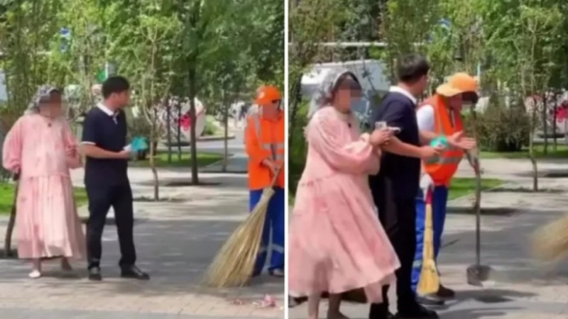 "Мына жерді сыпыр!": көше тазалаушыны қорлаған блогер қамауға алынды